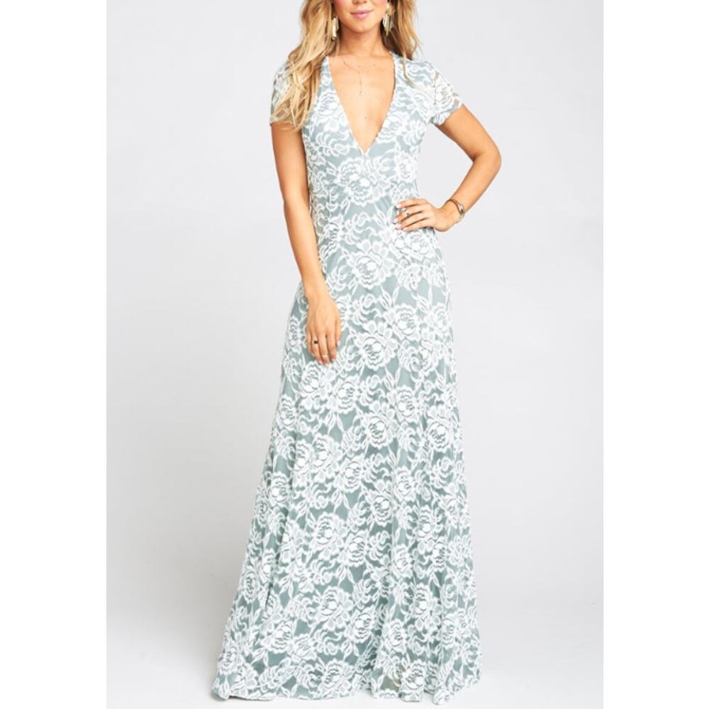Show Me Your Mumu Green White Eleanor Lace Maxi Dress Womens XS Cut Out V Neck